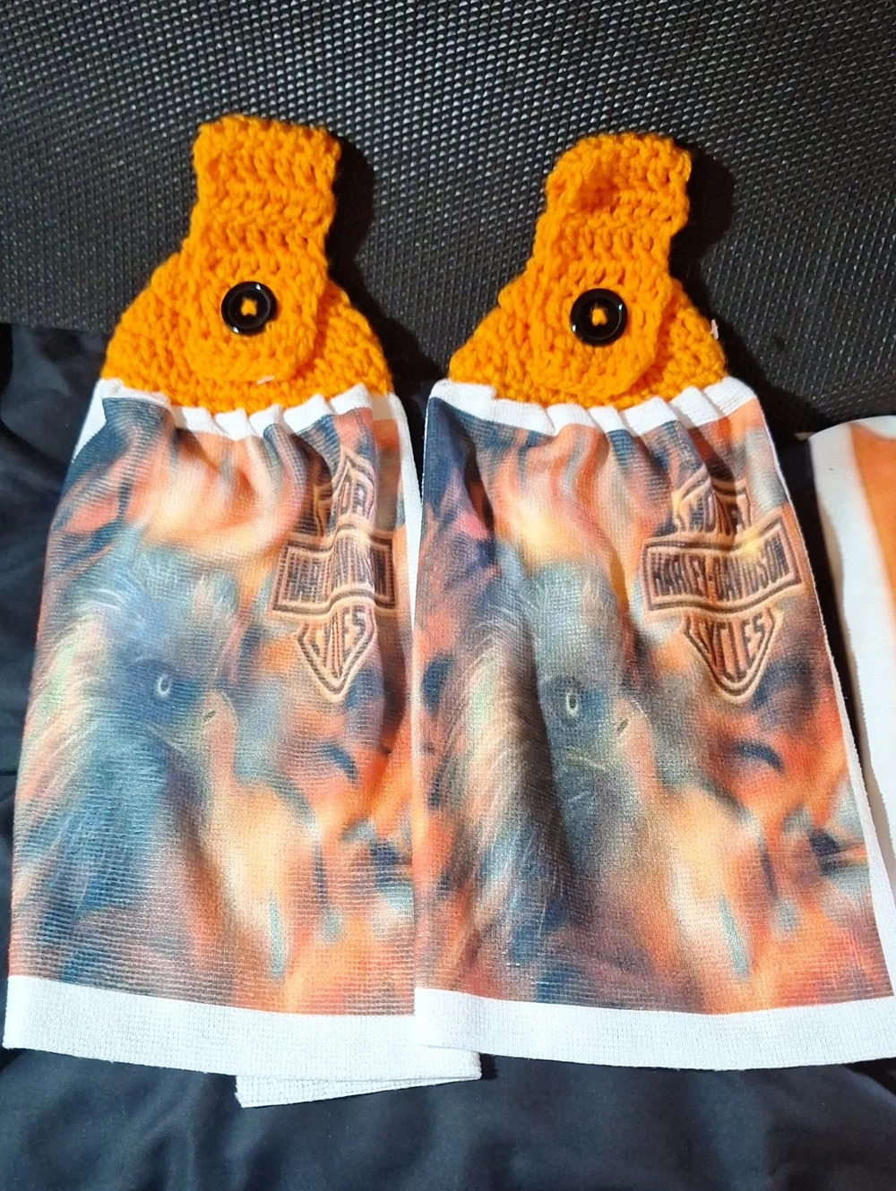 New Artisan Handmade Harley Davidson Hanging Kitchen Towels Crochet Top Set 2